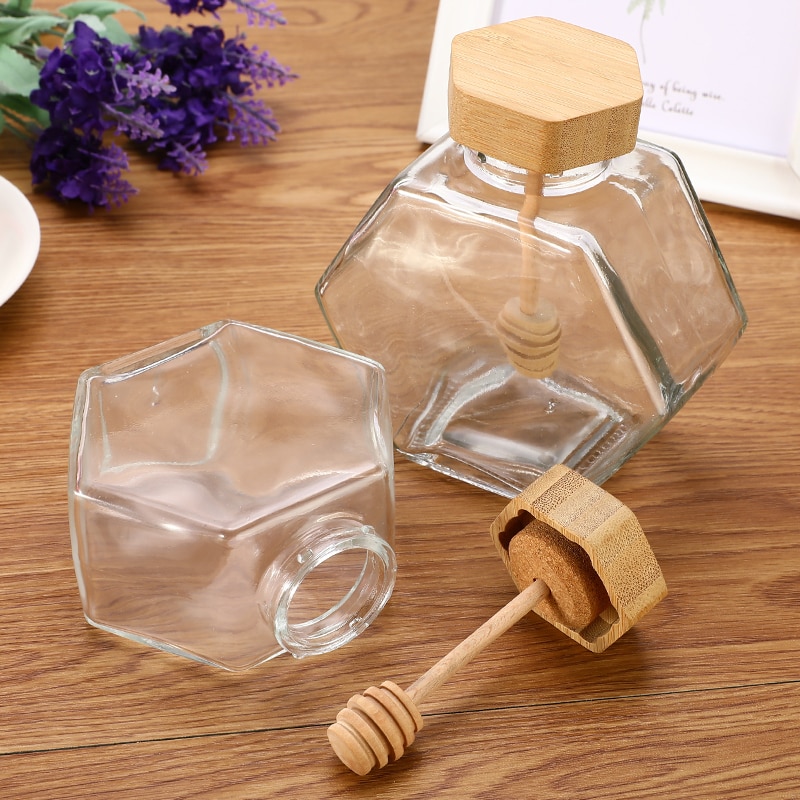 220ML/380ML Hexagonal Glass Honey Bottle with Wooden Stirring Rod Packaging Bottle Small Honey Bottle Container Honey Jar