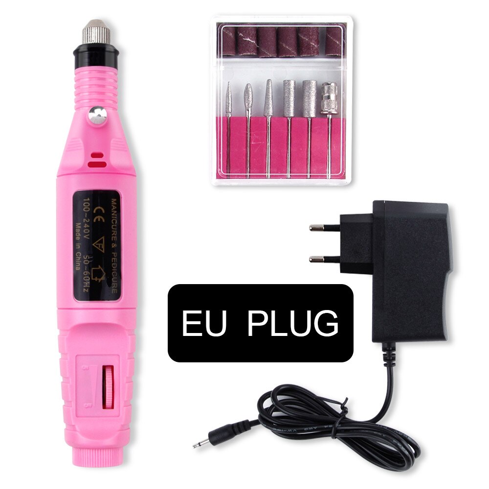 Electric Nail Drill Set Manicure Machine Pedicure Tool 6 Bits Sanding Buffer Apparatus Strong File Pen USB Charging: EU Plug Pink