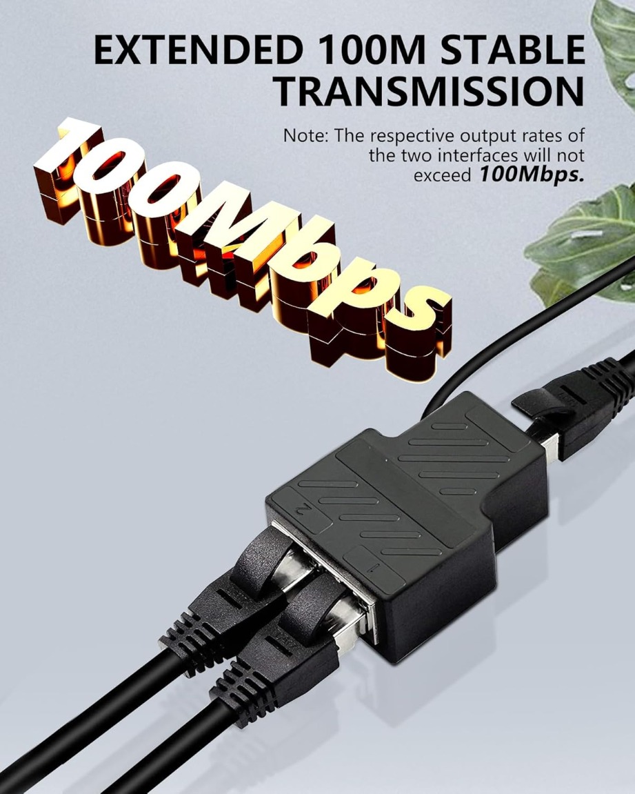 Ethernet Splitter 1 to 2 RJ45 100Mbps Dual Port Ethernet Cable Network Splitter Cable Extender for PC Laptop TV Router computer