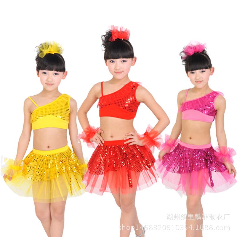 children in stage costumes of Latin dance modern split skirt dance dress sequins
