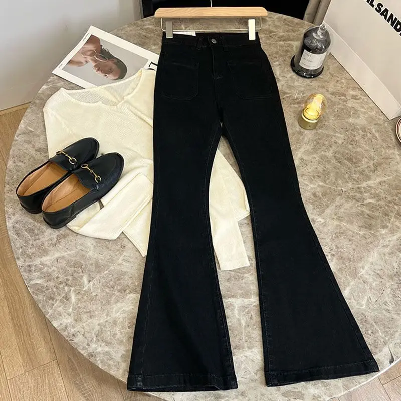 ZMZBCH Pantalones de cintura alta, pantalones vaqueros holgados lavados con bolsillos, pantalones vaqueros ajustados acampanados clásicos para mujer, Pantalones rectos elásticos Vintage que combinan con todo: S / Negro