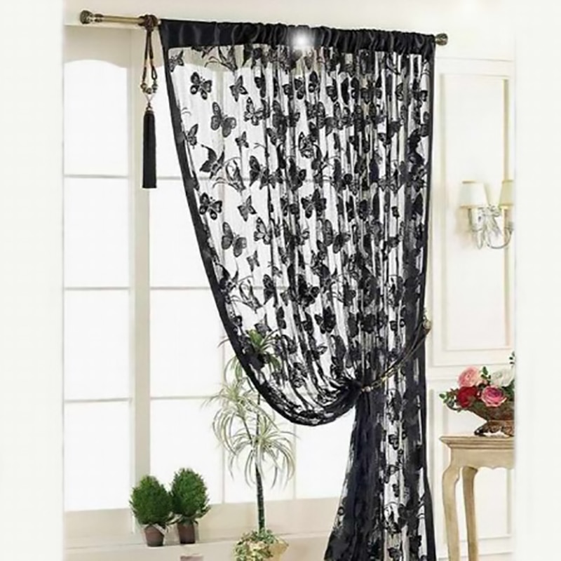 Romantic Modern Embroidered Sequins Butterfly Fringe String Rustic Sheer Purple Voile Curtains for Living Room Bedroom Kitchen