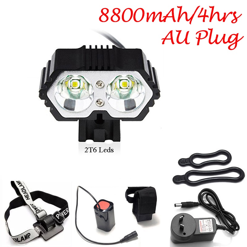 Fiets Licht 3 Modi Werken Weg Mountainbike Led Verlichting 2T6 Mtb Koplamp 2000 Lumen Cycle Koplamp Rijden E-fiets Accessoires: AU-8800mAh