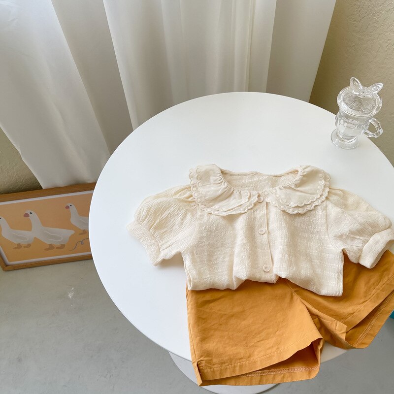 Camicia dolce in pizzo per ragazze camicia estiva per bambini manica corta a sbuffo camicetta per bambini abbigliamento per bambina doppio strato collo a petalo Chil