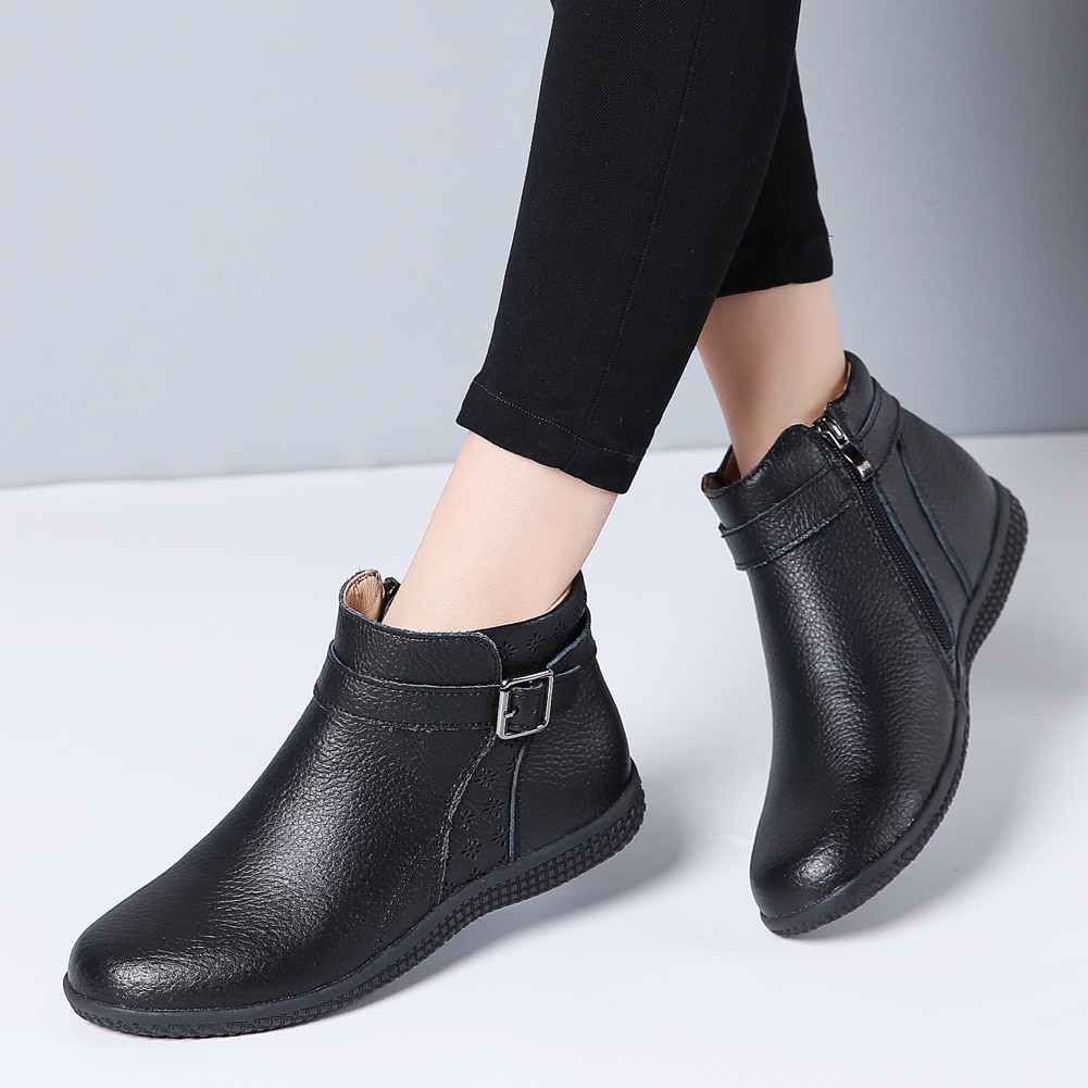 Primavera botas de inverno botas de neve sapatos de couro genuíno deslizamento em botas de tornozelo de chelsea botas planas de botas curtas senhoras botas de outono