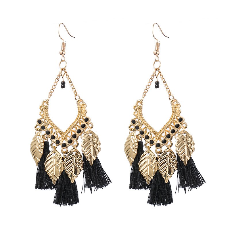 Women Earrings Trend Bohemian Gold Color Alloy Leaf Tassel Dangle Earrings Korean Jewelry: Black