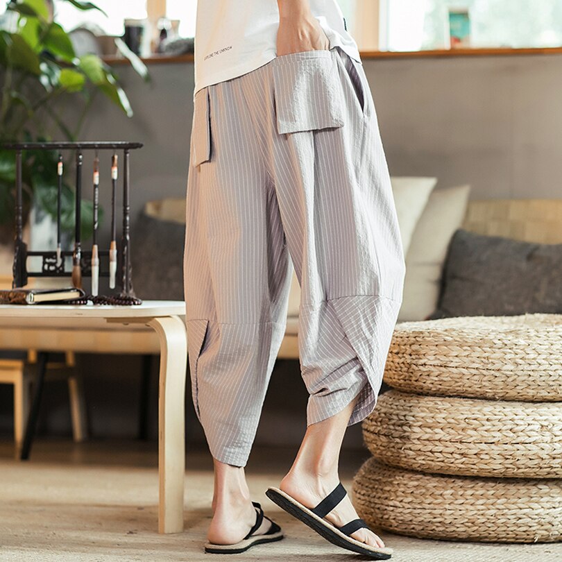 Sommerstribede hip hop bukser herre plus size bomuld linned brede ben haremsbukser herre løse vintage sweat bukser elastisk talje