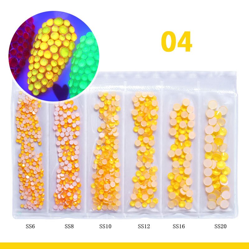 Diamantes de imitación fluorescentes para decoración de uñas, gemas de neón de tamaño mixto, arte de uñas, diamantes 3D, decoraciones DIY, 6 rejillas: 04 Golden
