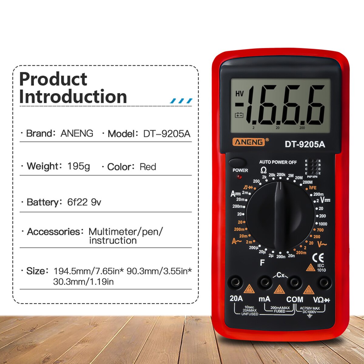 DT-9205A Handheld Digital Multimeter AC/DC Volt Amp Ohm Capacitance Hz Tester With Sleep Mode And Data Hold Function