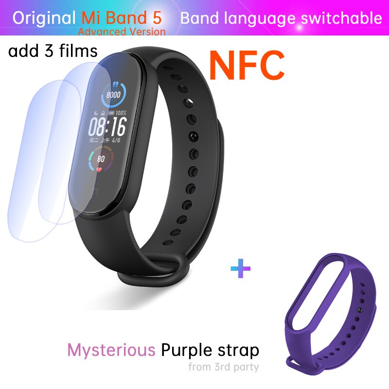 Xiaomi-pulsera inteligente Mi Band 5 con NFC, brazalete para el estrés, control del ritmo cardíaco, sueño, pasos, natación, deporte, alarma: NFC n film purple