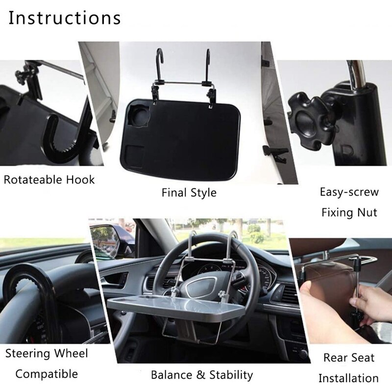 Draagbare hangende laptoplade voor in de auto, opvouwbare bekerhouder voor op de achterbank, multifunctioneel stuurwiel, laptopbeugel voor op de achterbank