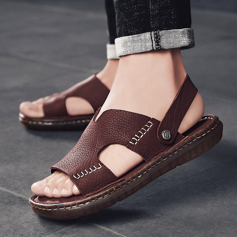 Sandalias de gladiador Retro para hombre, zapatos de cuero de para verano, sandalias de playa antideslizantes para hombre
