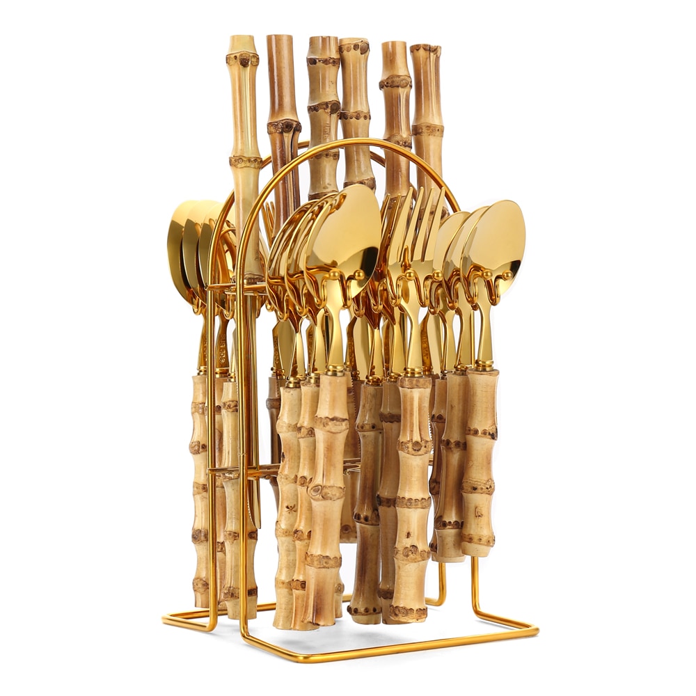 4-24Pcs Natural Bamboo Tableware Set Stainless Steel Includes Fork Knife Spoon Set Flatware With Box Dinnerware Cutlery Set: 24Pcs Gold Rack