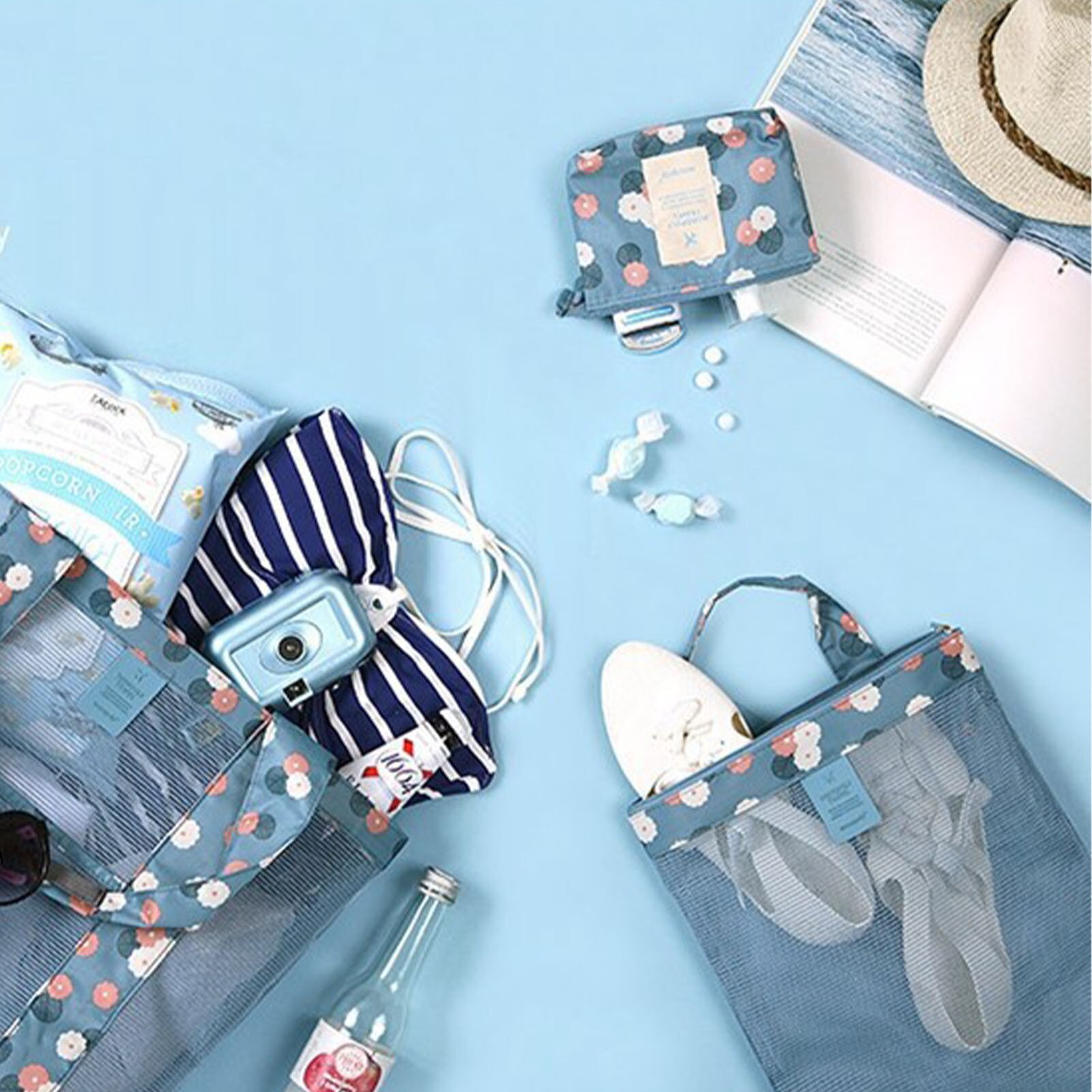 Zomer Outdoor Reizen Opbergtas Strand Netto Tas Een Schouder Grote Capaciteit Strandtas Draagbare Oversized Gedrukt Mesh tas