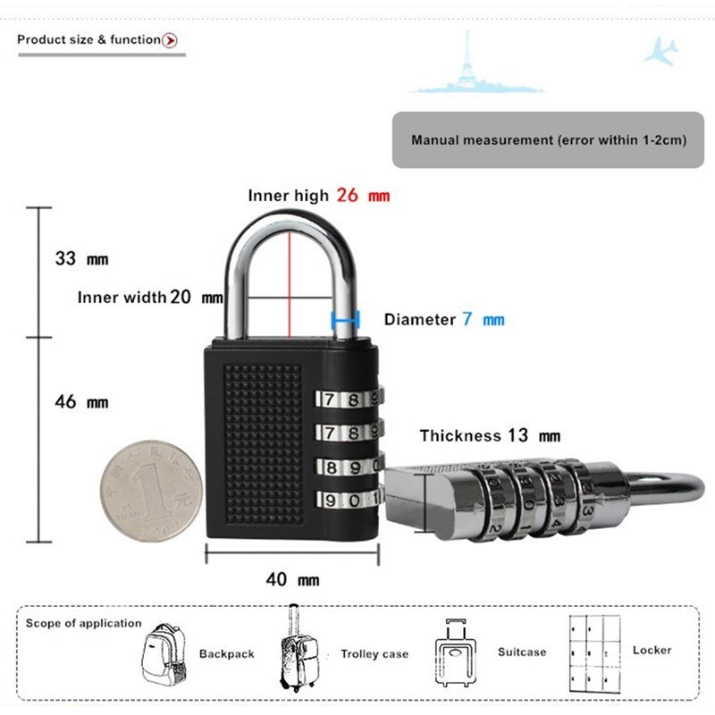 76*40*13mm Heavy Duty 4 Dial Digit Combination Lock Weatherproof Security Travel Padlock Outdoor Gym Safely Code Lock Black