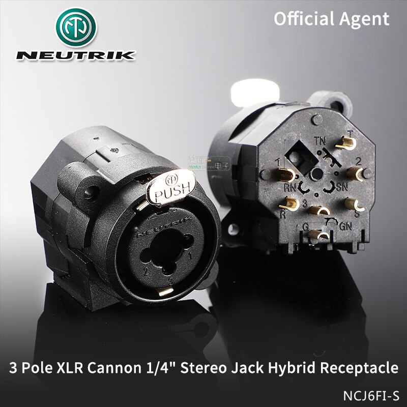 Neutrik 3 Pole XLR/Stereo Jack Hybrid Chassis Connector Combo Cannon Female Receptacle with 1/4" Audio Plug Horizontal PCB Mount: NCJ6FI-S