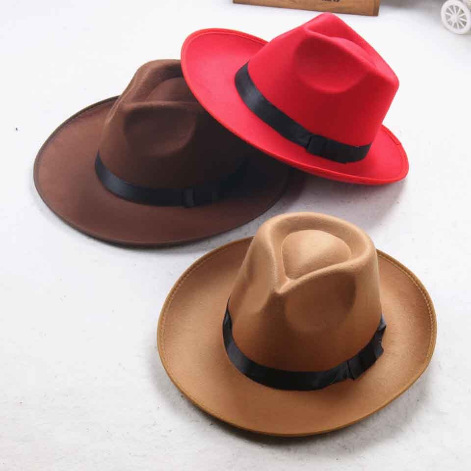 Solid Vilt Fedora Hoed Voor Mannen Brede Rand Dames Trilby Chapeu Vilten Hoed Vrouwen Mannen Jazz Hoed Kerk Godfather sombrero Caps