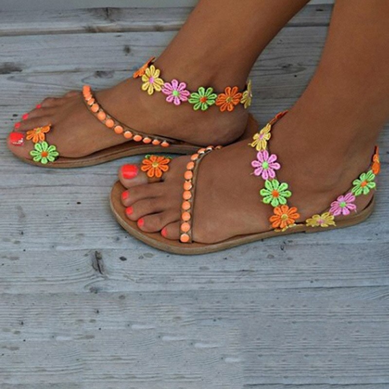 Women Boho Colored Flower Cross Toe Ring Flat Sandals for Summer Beach SAL99