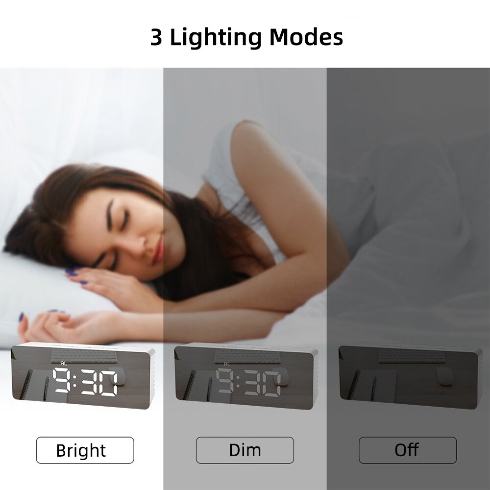 Digital Mirror LED Display Alarm Clock Multifunction Snooze Desk Clock Temperature Calendar USB/AAA Powered Electronic