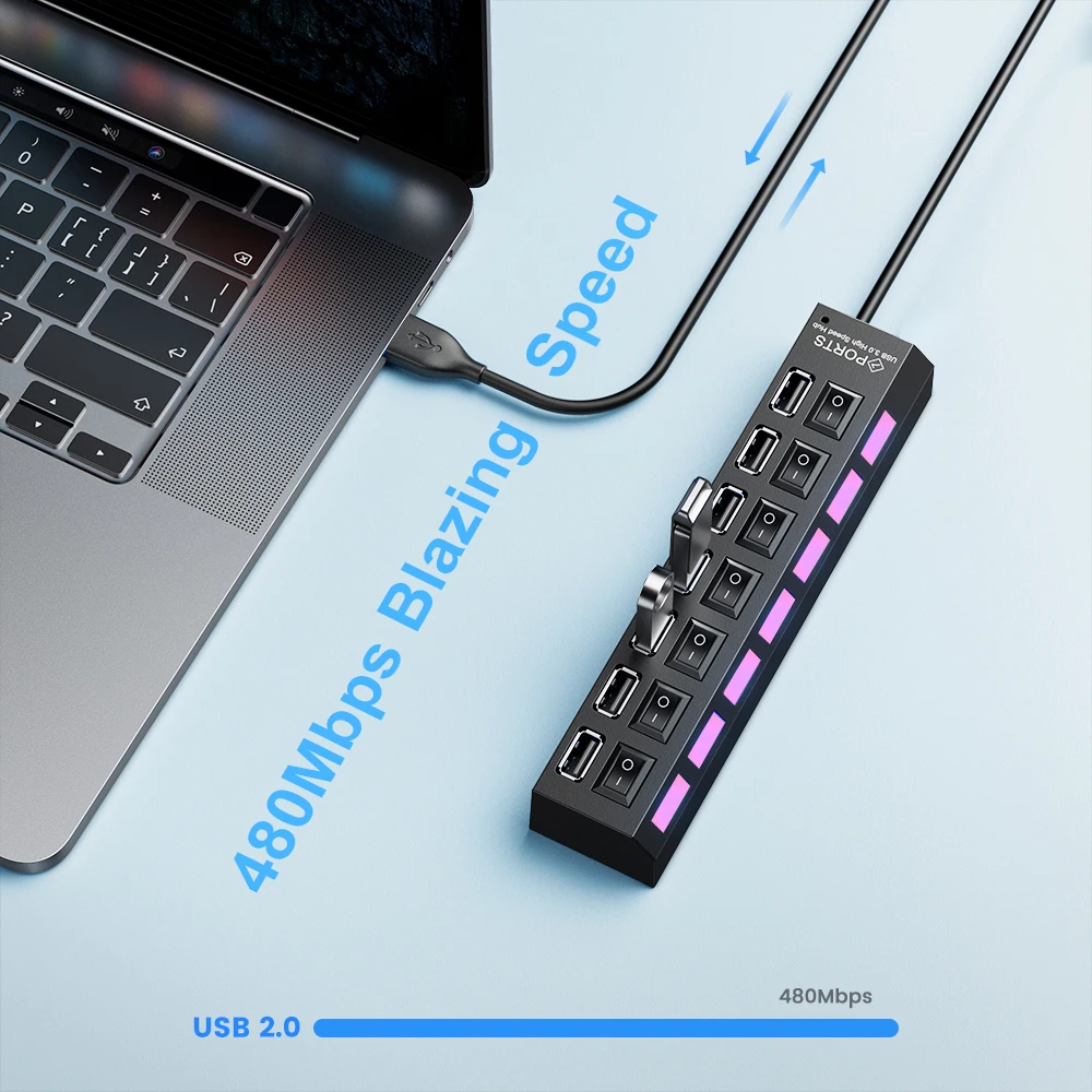 Rozdzielacz USB 7 w 1 z włącznikiem/wyłącznikiem 480 Mb/s Szybka stacja dokująca USB do laptopa PC Klawiatura Mysz