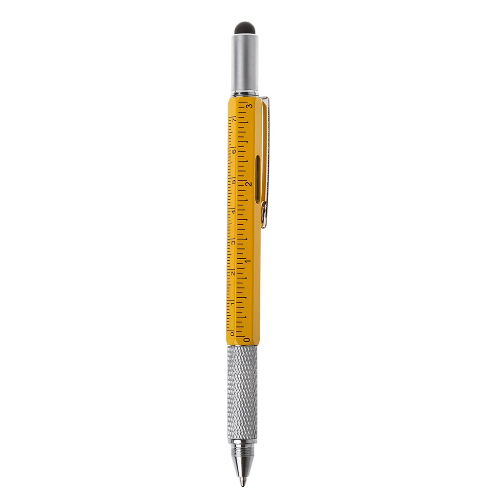 6 in 1 metal pen Multifunction Tool Ballpoint Pen Screwdriver Ruler Spirit Level: YELLOW