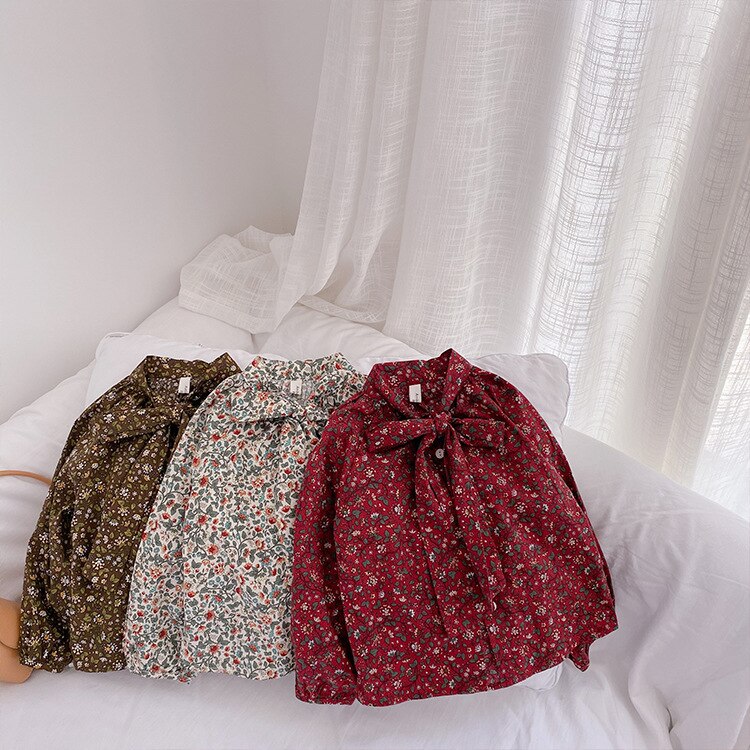Herfst Schattige Meisjes Casual Bloemen Strik Frenal Mode Shirts Pastorale Stijl Lange Mouwen
