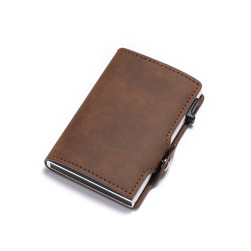 DIENQI Anti Rfid Credit Card Holder Case Men Slide Leather ID Card Holder Bank Aluminium Metal Wallet Creditcard Bag Popwallet: coffee