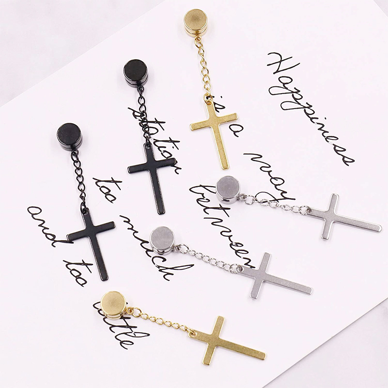 Punk hombres fuerte imán magnético Cruz oreja Stud Set pendientes no Piercing pendientes falsos para novio amante joyería