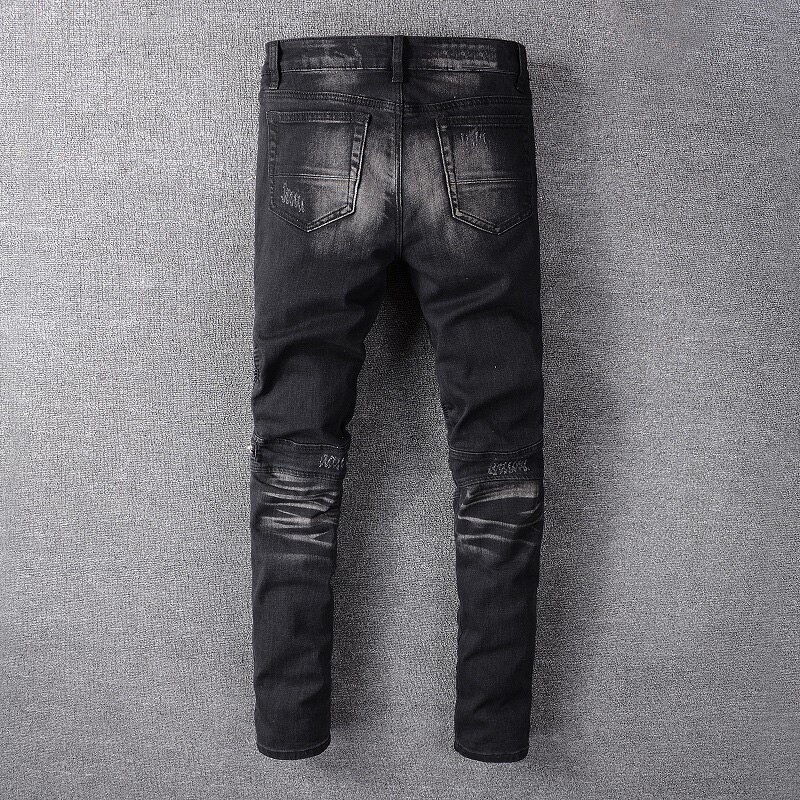 Sokotoo Men's PU leather patchwork biker jeans for motorcycle Slim skinny zippers black stretch denim pants