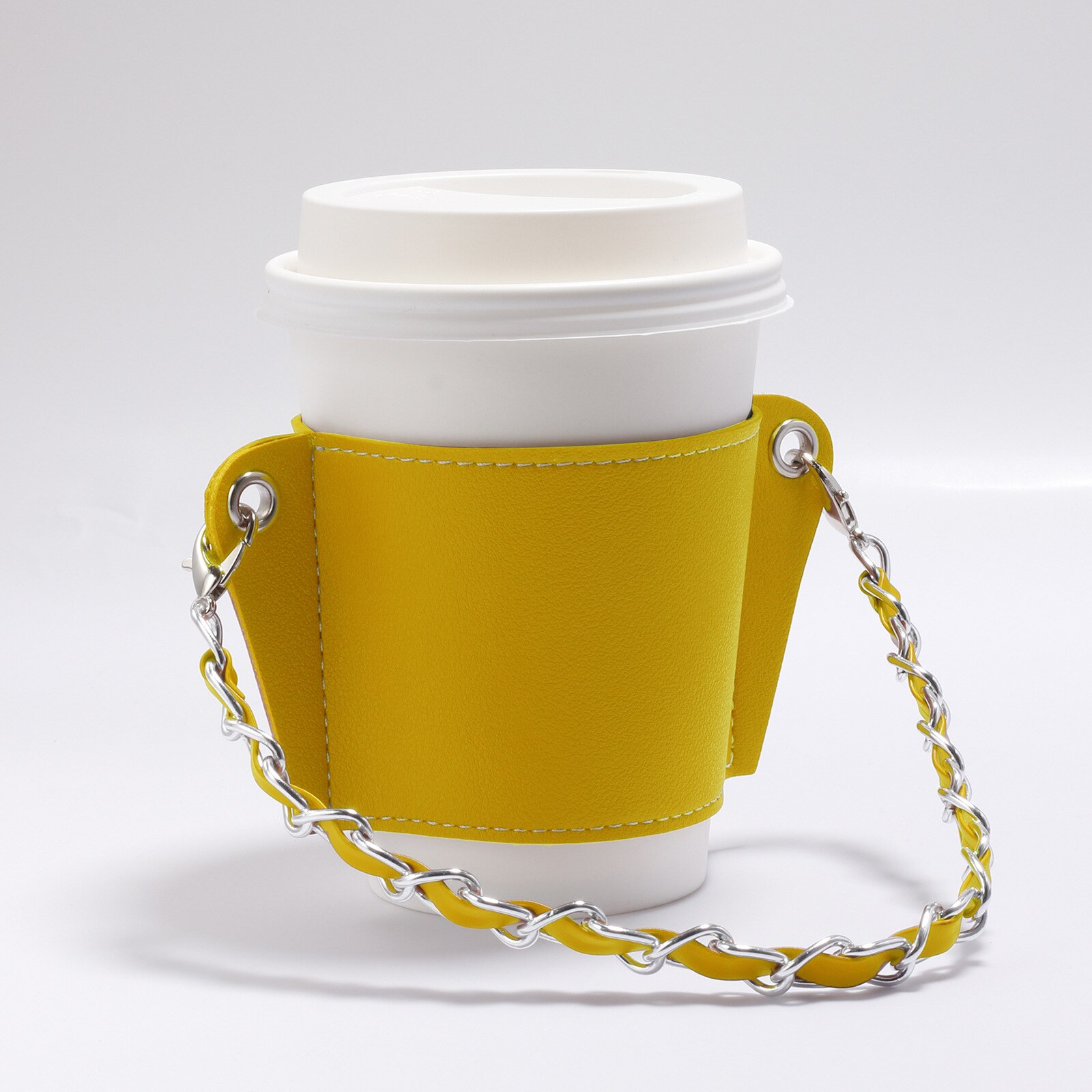 Manchon de tasse Portable pour boissons chaudes, réutilisable avec chaîne, manchon de boisson chaude isolé, en cuir, porte-gobelet: Yellow
