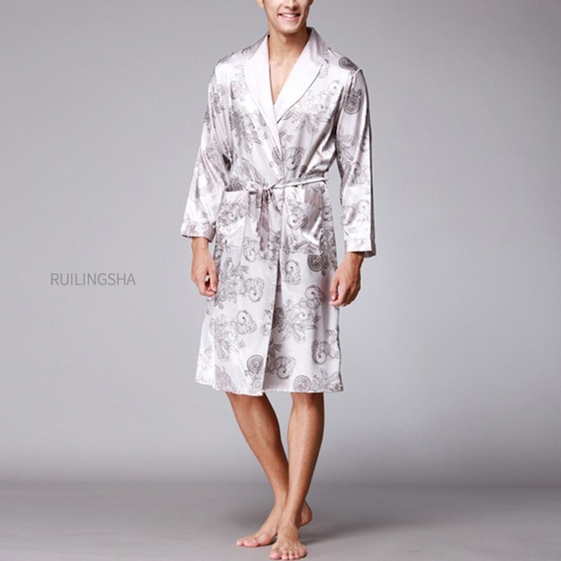 Stilfuld #39 badekåbe silke kimono lange ærmer morgenkåbe kinesisk lucky dragon print pyjamas mænd kjole badekåbe mænd hjemmetøj maskulin: Grå / L