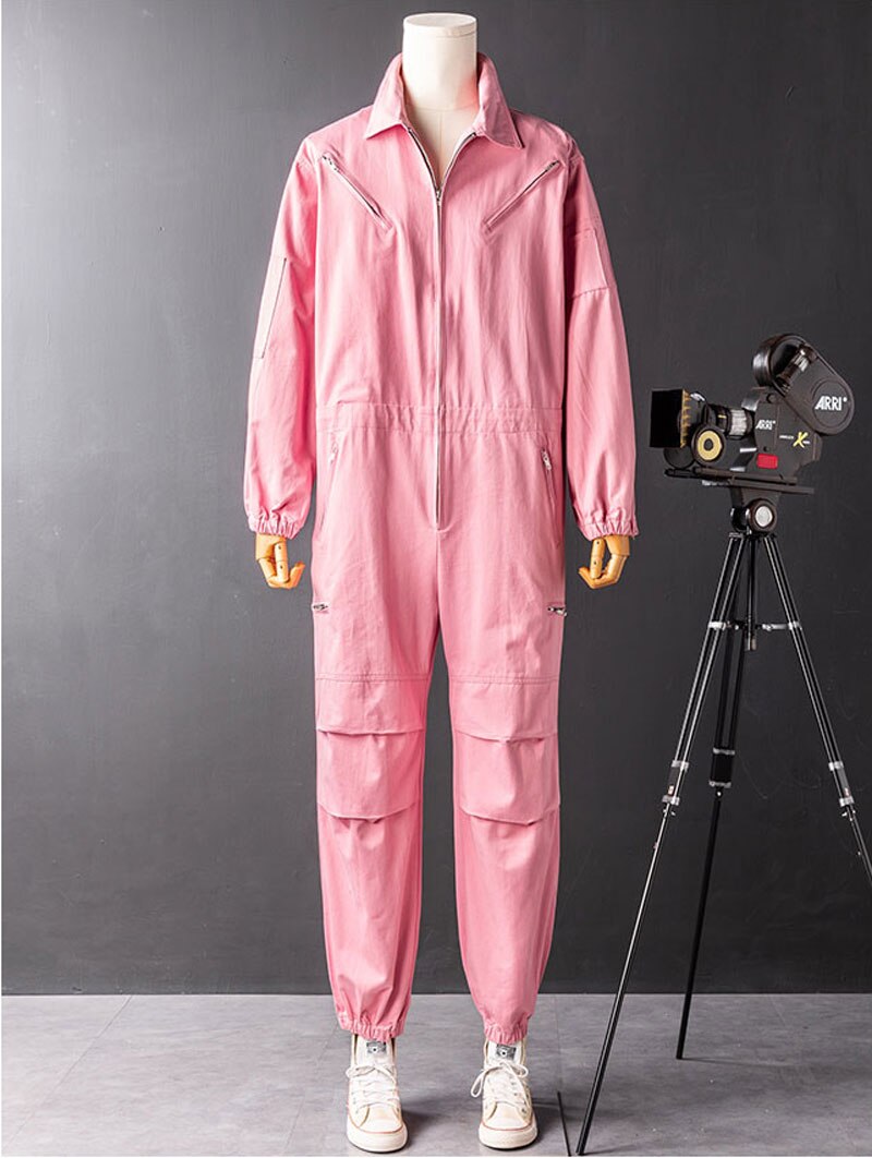 Mono de manga larga para hombre, ropa de trabajo japonesa, holgada, de algodón y Hip Hop, pantalones de color rosa y negro, otoño
