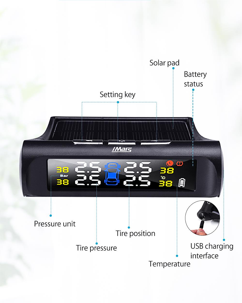 Imars  t240 tpms solenergi dekktrykk alarm Observere system universell tester trådløs lcd skjerm med 4 eksterne sensorer