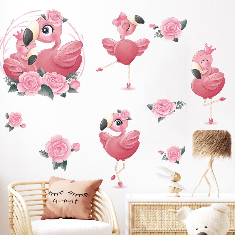 Cartoon Pink Swan Flower Wall Stickers Baby Kids Room Wall Decoration Wallpaper Girl Bedroom Living Room Nursery Stickers Decals