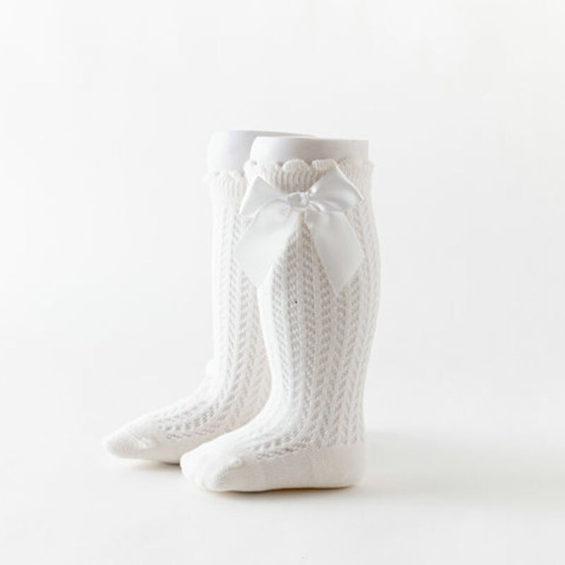 Chaussettes d'été pour bébé fille, avec nœuds, en maille, pour -né, hautes, respirantes, couleur unie, douces, en coton, pour nourrissons: beige