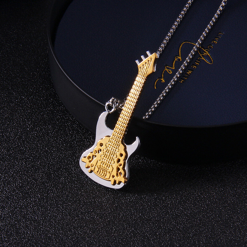 Stainless steel guitar pendant necklace men's trendy punk titanium steel sweater chain accessory jewelry