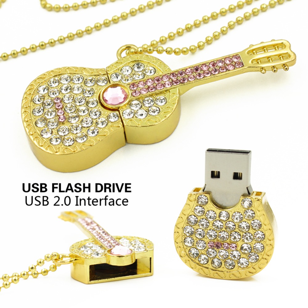 Unidad Flash USB diamante colorido 8GB 16GB Pen Drive 32GB Pendrive U disco oro plata cristal guitarra lápiz de memoria de