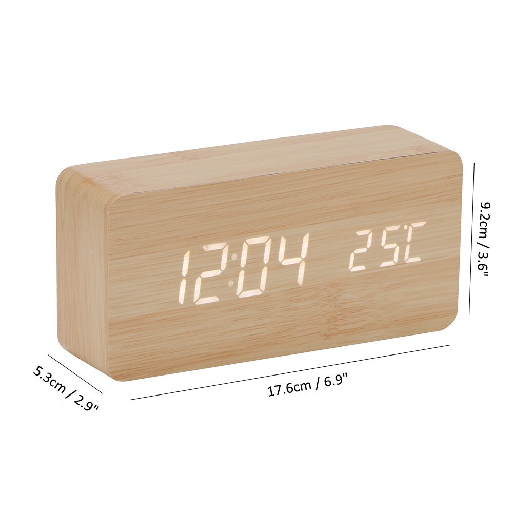 Digital Thermometer Holz LED Alarm Uhr Hintergrundbeleuchtung Stimme Kontrolle Holz retro glühen Uhr Schreibtisch Tabelle leuchtend Alarm Uhren: Quader hell Gelb