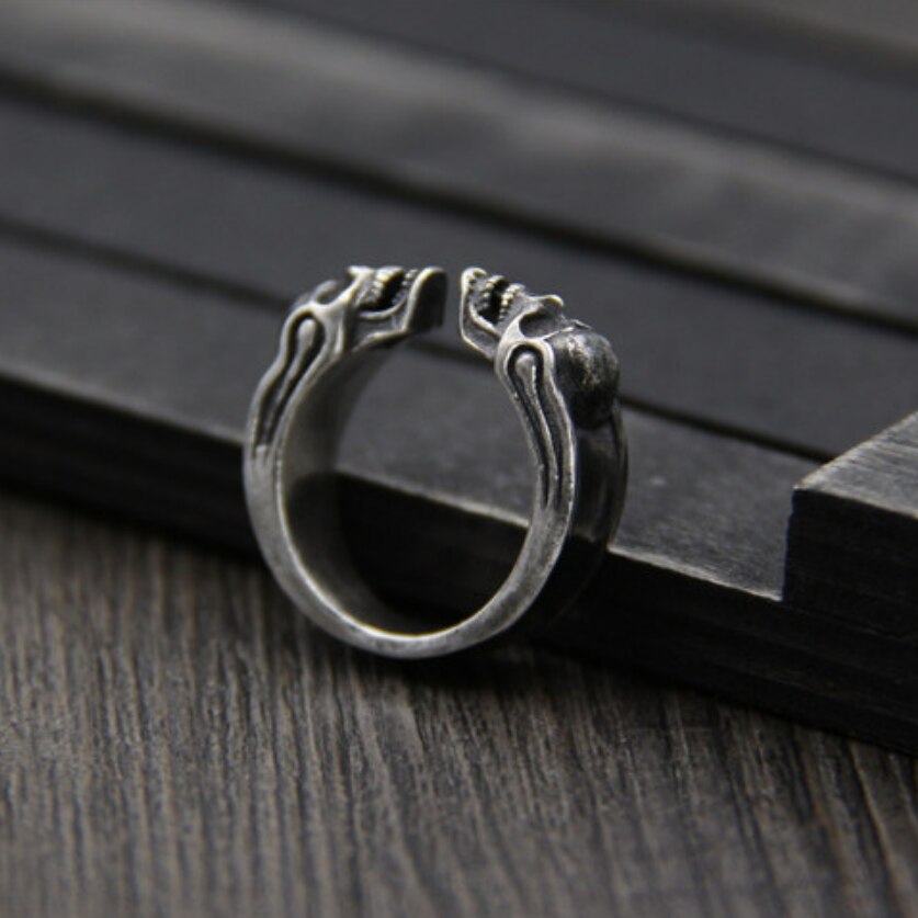 Puro argento del cranio di Modo Anello Aperto delle donne degli uomini Reale argento Doppio del cranio Anelli Maschio 925 anello d'argento Dei Monili del regalo