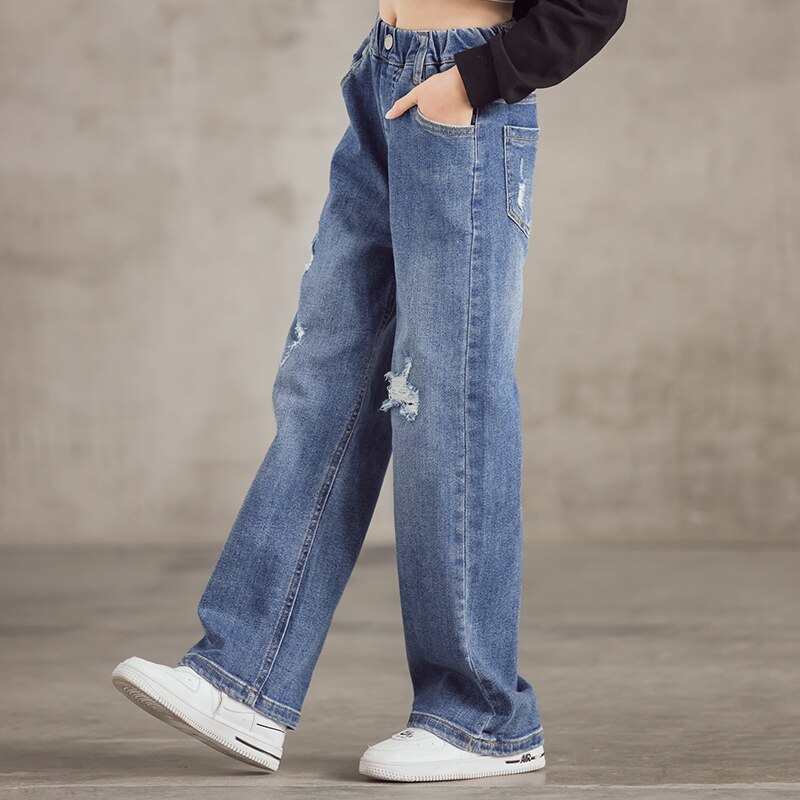 coréen déchiré jambes larges filles jean solide taille élastique droite enfants pantalons 3-15 ans printemps et automne enfants vêtements