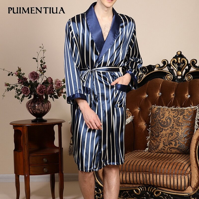 Puimentiua herre sateng pyjamas kappe lange ermer badekåpe stripe nattøy nattøy morgenkåpe menn