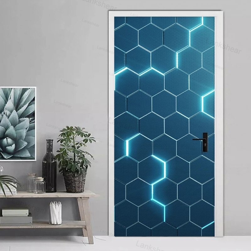 Modern Door Sticker 3D Stereo Abstract Geometric Blue Circuit Door Mural Pvc Self-Adhesive Waterproof Door Poster Decal