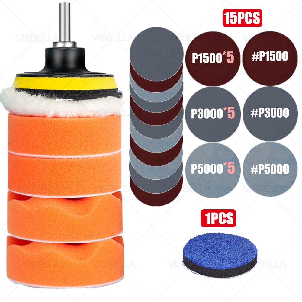 3Inch Car Polishing Kit Sponge Foam Pad Auto Headlight Wheel Polisher Polishing Refurbish Abrasive Disc Sandpaper Buffing Pads: package 15