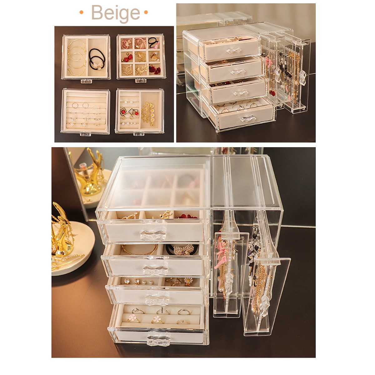 4 schichten Acryl Schmuck Lagerung Box Schublade + 2 Ohrringe Display Stand Rack Halskette Armband Ring Organizer Fall Staubdicht: beige