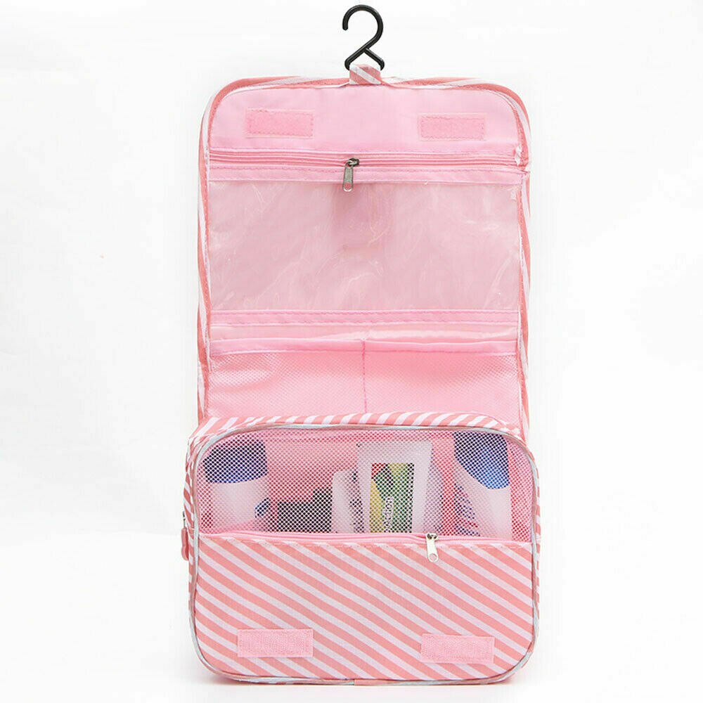 Women Travel Cosmetic Bag Makeup Bag Hanging Folding Toiletries Organizer Waterproof Storage Neceser Bathroom Toiletry Wash Bags: Pink Stripe