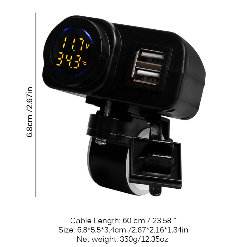 Motorcycle Digital Display Waterproof Phone Charger Dual USB Charger Voltmeter Thermometer For Cell Phone