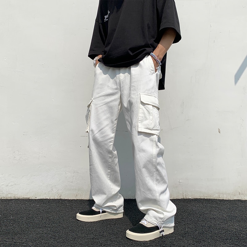 Black/white Casual Pants Men&#39;s Loose Straight Wide Leg Pants Men Streetwear Hip-hop Pocket Cargo Pants Mens Trousers