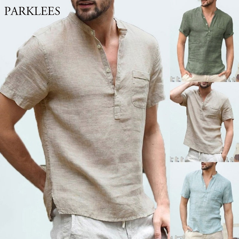 Linneskjortor herr sommar kortärmad henley skjorta chemise homme skjorta med lös knapp som andas solida herrskjortor med ficka