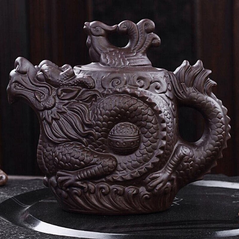 Théière dragon et phénix théière grande capacité service à thé en argile violette bouilloire théière kung fu (noir)