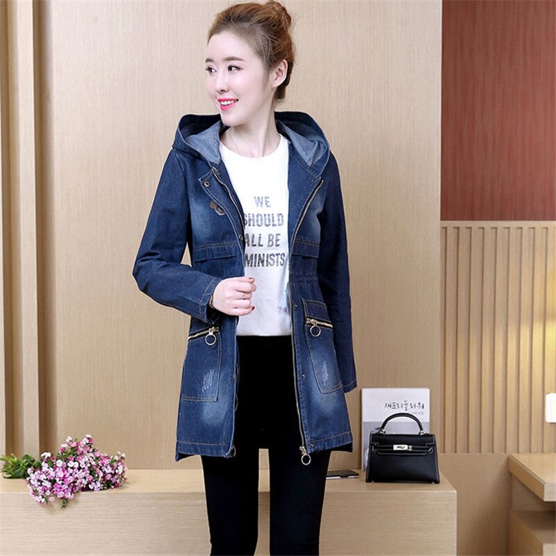 Plus size denim trenchcoat hette løst yttertøy for kvinner langermet middels lang kvinnefrakk  qw038